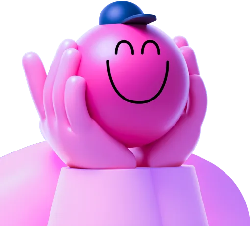 Pink smiling figure resting its face in both hands